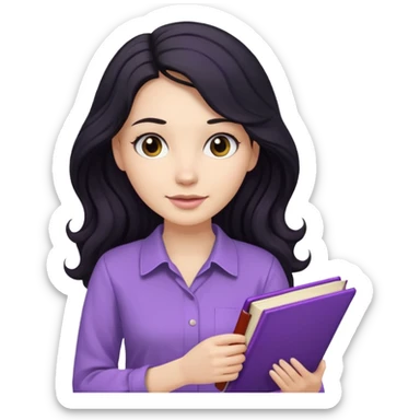 Long Hair Women with Black wavy hair, with purple Book, beige shir, without background sticker