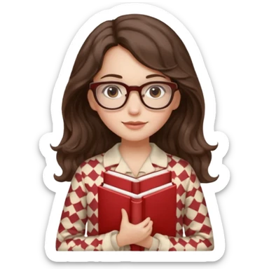 Миловидная девушка брюнетка с длинными  волосами на которых легка волна. карими глазами. В очках и в пижаме с книгой. Картинка должна были в цветах: бежевый, бледно красный, коричневый, белый sticker
