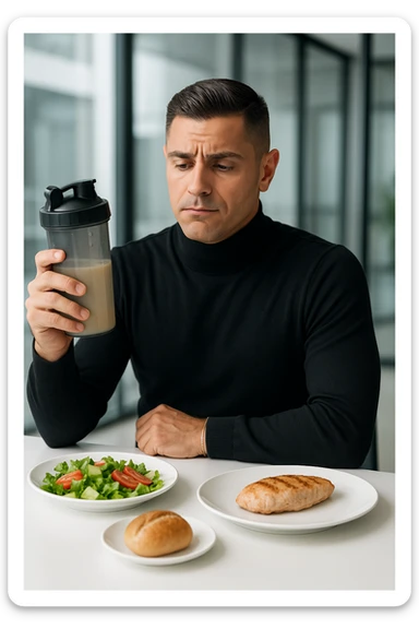 un uomo in abiti da ufficio tiene in mano uno shaker o una bottiglia di sostituto pasto, guardandolo con un’espressione neutra o leggermente indecisa. Sul tavolo davanti a lui ci sono piatti di cibo solido non toccati, come insalata, pollo e pane, a sottolineare la sua scelta di evitare il pasto tradizionale. L’atmosfera è moderna e riflessiva. sticker