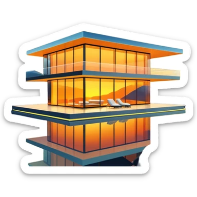 futuristic modern villa, glass walls, sunset glow in yellow and orange sticker