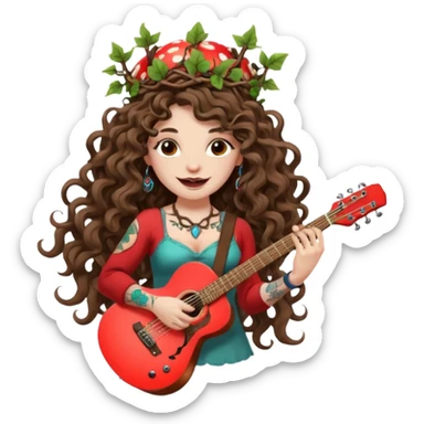 woman with long curly brown hair, brown eyes, white skin, tattoos, wearing a mushroom crown and tuning a neon vine guitar, mischievous rock grin sticker