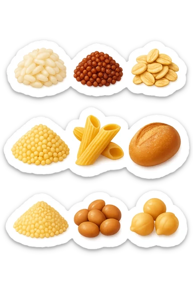 emoji stile iphone 3d di questi elementi che fluttuano in aria:

Riso, quinoa, avena, miglio, couscous senza glutine
Pasta e pane gluten-free
Farro a lievitazione lunga
Lenticchie e ceci in scatola

 che fluttuano in aria, iperealistico 4k sticker