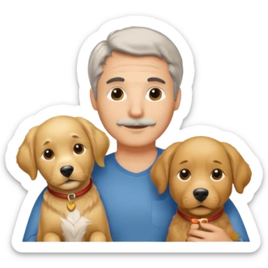 Italian man with salt and pepper hair holding a golden retriever and a labrador  dog sticker