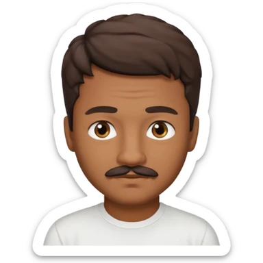 Homme brun cheveux court ondulé. Métisse. Yeux marrons très foncé. Avec t-shirt blanc avec une légère moustache  sticker