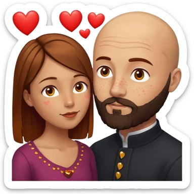 Couple. Bald man with dark brown-black beard. Woman with many small, faded, round freckles, white skin and she has auburn-yellow-brown-caramel-cinnamon dark hair. She has light yellow-brown eyes. He have hazel eyes. They look at each other. Many small red hearts around them. sticker