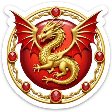 Golden dragon with wings crest / brosch in a circle with red gems and no background sticker