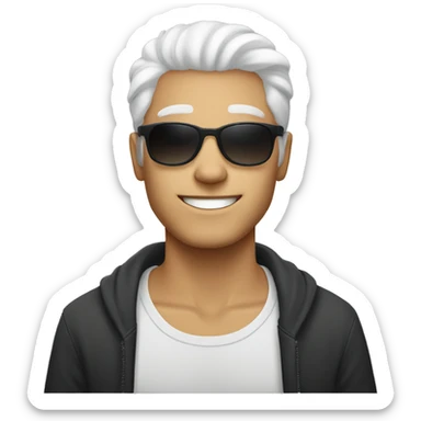 20 yea old looking guy with white hair and round sunglasses sticker