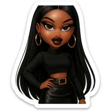 fashionable Bratz baddie, brown skin, straight black hair, dramatic makeup, dark brown eyes, gold hoop earrings sticker