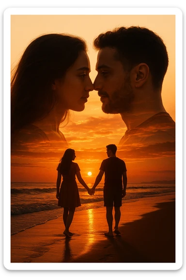 Una doppia esposizione cinematografica di noi di profilo, con un paesaggio di spiaggia al tramonto integrato nella silhouette.
La scena interna ci mostra entrambi camminare sulla sabbia bagnata, tenendoci per mano, con le onde del mare che si infrangono è facile e un cielo colorato dagli ultimi raggi di sole. Atmosfera calda e intima, toni dorati arancioni, dettagli fini ed espressivi, risoluzione 8K. sticker