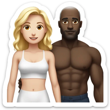 Woman  who is very short with white skin standing next to a strong black man who is shirtless and twice her height sticker