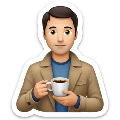 A handsome 45 year old white man with dark hair in a very foggy park with a city view drinking a cup of coffee sticker