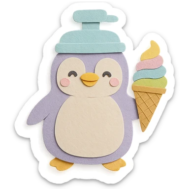 pastel-colored fluffy ice cream maker penguin, making rainbow ice cream, full-body sticker