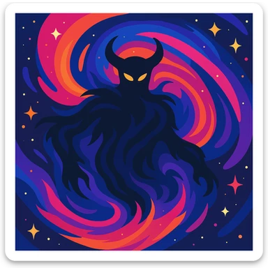 Add vibrant cosmic colors, swirling nebulae, and glowing stars to Magnum Chaos, primordial Greek god, while keeping the abstract, powerful, mythological essence in a vibrant toon style. sticker