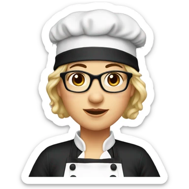 a female chef, chubby, mature,dark eyes , glasses, black apron, black hat sticker