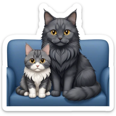 Portrait of a black smoke Maine Coon cat with long grey ear tufts, alongside a British Shorthair cat with a solid blue coat on sofa. Both cats with detailed fur textures and playful expressions. Soft, elegant background of room with flowers and natural tones. Transparent background. sticker