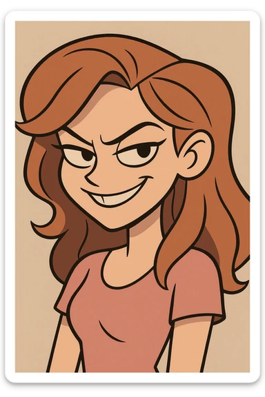 a beautiful girl with a mischievous, sly smile and sharp eyes, bold cartoon style sticker