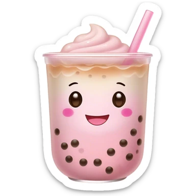 Cute Kawaii Boba Tea Cup, with a happy smiling face, chubby round shape, pastel pink and brown colors, soft glowing highlights, adorable tapioca pearls floating inside, sparkling eyes full of joy! sticker