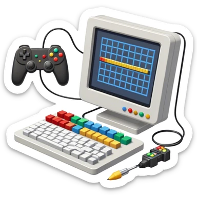 Icon for Game Design Development: a computer screen displaying a game interface, pixel art, 3D models, a game controller, and tools like a grid, stylus, and wireframe. Сonvey the process of game development, with elements representing design, coding, and interaction. Transparent background. sticker