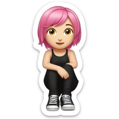 full body Front view curvy emo girl pink hair sits on the floor straight view hands up черная юбка белые трусики рваные полосатые чулки sticker