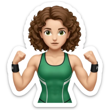 flexing muscles, big biceps, muscled torso, very beautiful italian girl, looking like Emma Watson, with curly and big volume very bright brown hair, dressed in a beautiful green sports costume sticker