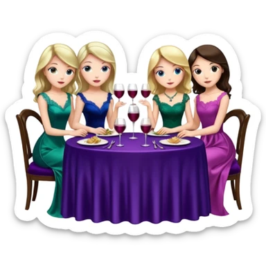 people sitting at a table at a fancy dinner emoji 4 girls one in a blue dress one is a green dress one in a purple dress and one in a pink dress sticker