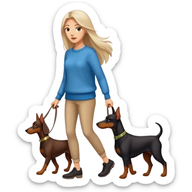 A beautiful long-haired white woman wearing a sweater walking a Doberman sticker