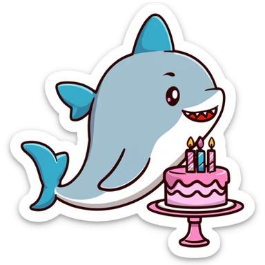 cartoon shark with lips puckered, directly kissing a frosted birthday cake sticker