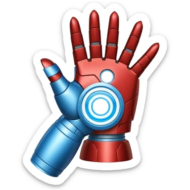 Iron Man hand blaster emoji, palm facing out, blue repulsor, apple style emoji sticker
