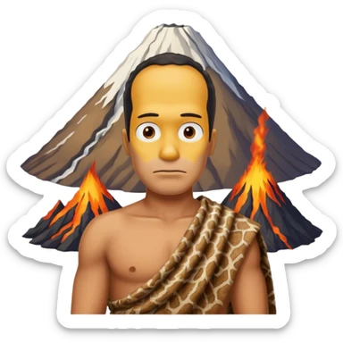 a simpson guy wearing ancient animal skin cloth with volcano behind, half body, icon sticker