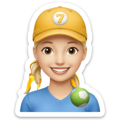blond woman, pony tail, ball cap sticker