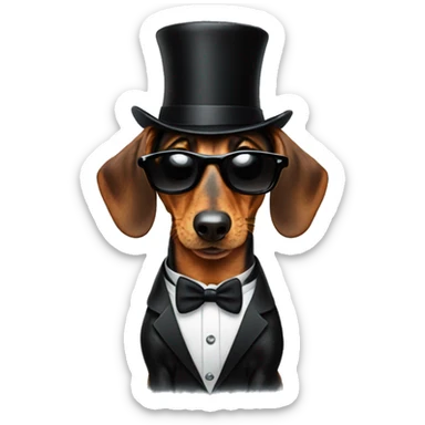Daschund with sunglasses in a tuxedo wearing a tophat sticker