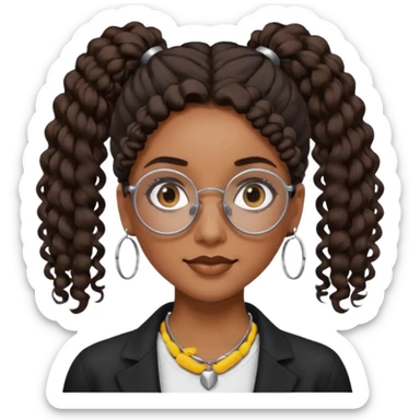 chica morena de ojos claros con gafas negras exagonales redondeadas. y pelo rizado castaño con todo el pelo recogido en una coleta . y un collar de plata . Con todo el pelo recogido un clen look sticker