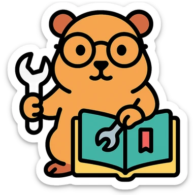 studious guinea pig with glasses, holding a wrench and fixing a book, color outline icon sticker