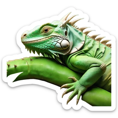 Meme-Worthy Cute Sleeping Iguana Portrait Emoji, Head resting peacefully with a contented smile, showcasing a solid, textured body with a subdued spiky crest and eyes gently closed in serene slumber, Simplified yet adorably endearing features, highly detailed, glowing with a soft, drowsy jungle light, high shine, relaxed and utterly lovable, stylized with an air of playful laziness, soft glowing outline, capturing the essence of a sleeping iguana that feels destined to become the next viral icon of adorable rest! sticker