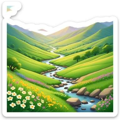 Cinematic Realistic Valley Emoji, Lush and serene, with gently sloping hills surrounding a vibrant green valley filled with wildflowers and a small stream. The soft, golden sunlight filters through the valley, casting peaceful, warm shadows across the landscape. Soft glowing outline, capturing the essence of natural peace and gentle beauty in a sprawling valley. sticker
