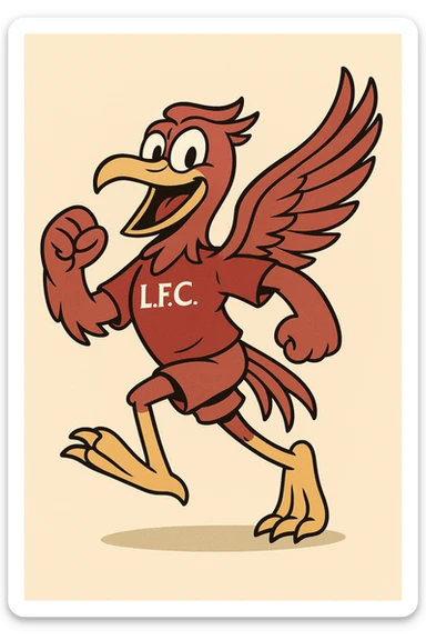 Liverpool FC mascot, cartoon liver bird, red and yellow, energetic pose, sports team style sticker