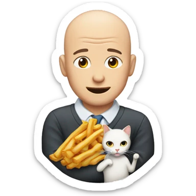 Bald man eating a fry hugging a cat sticker