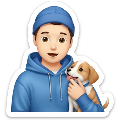 Cute dog lover boyfriend with soft smile, wearing hoodie and jeans, one dog licking his face sticker