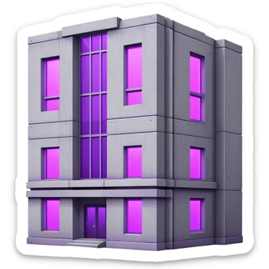 Rectangular gray concrete building with purple UV light shining from a single window, urban brutalist architecture sticker