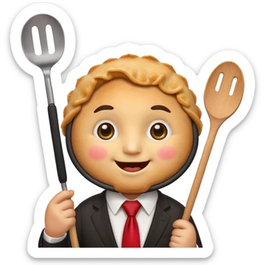 emoji style, happy fried empanada with face, big sparkling eyes, blushing cheeks, two buck teeth, red necktie, holding spatula, thick black outline, golden brown color, very cute and wholesome, transparent backgroun sticker