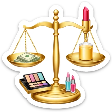 gold scale with dollars on one side and beauty products like lipstick, perfume, makeup on the other sticker