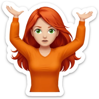 lady with long red hair, green eyes and orange top throwing arms in the as if confused sticker