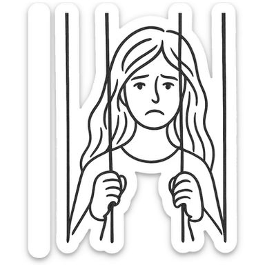 hand drawn outline style of a golden girl with long hair behind jail bars sticker
