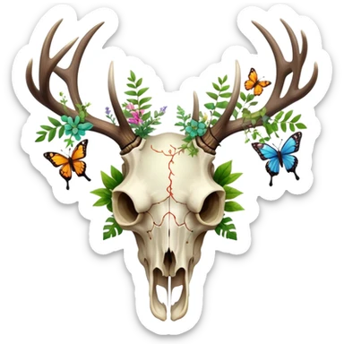 Elk skull with plants, flowers, butterflies  sticker