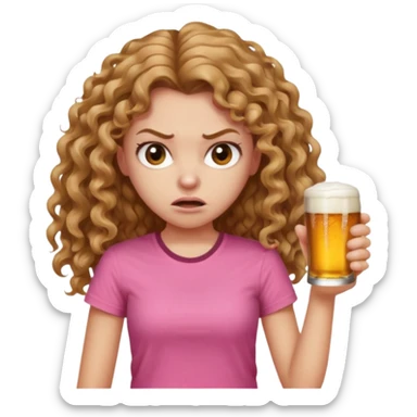 Girl with very long light brown curly hair and pink t-shirt with beers on hand and angry face sticker