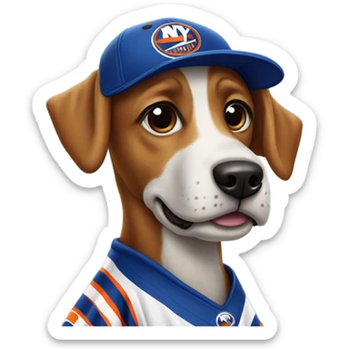 Dog wearing a New York islanders jersey sticker