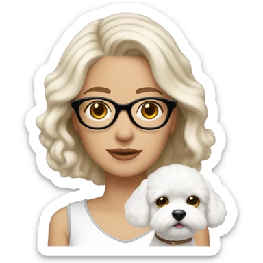 white-woman-with-white-medium-hair-big-hazel-eyes-and-glasses- holding- Bichon with light brown ears  sticker