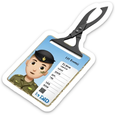 Floating black Scissors cutting in half an idf soldier ID card in 2 parts .hyper realistic sticker