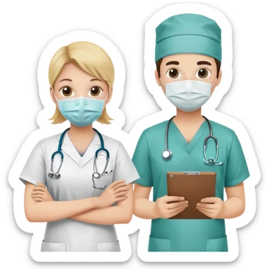 Doctor with surgical mask and scrubs next to another doctor with clipboard sticker