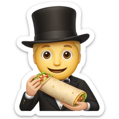 Generic classic yellow basic emoji face with a black top hat eating a burrito sticker